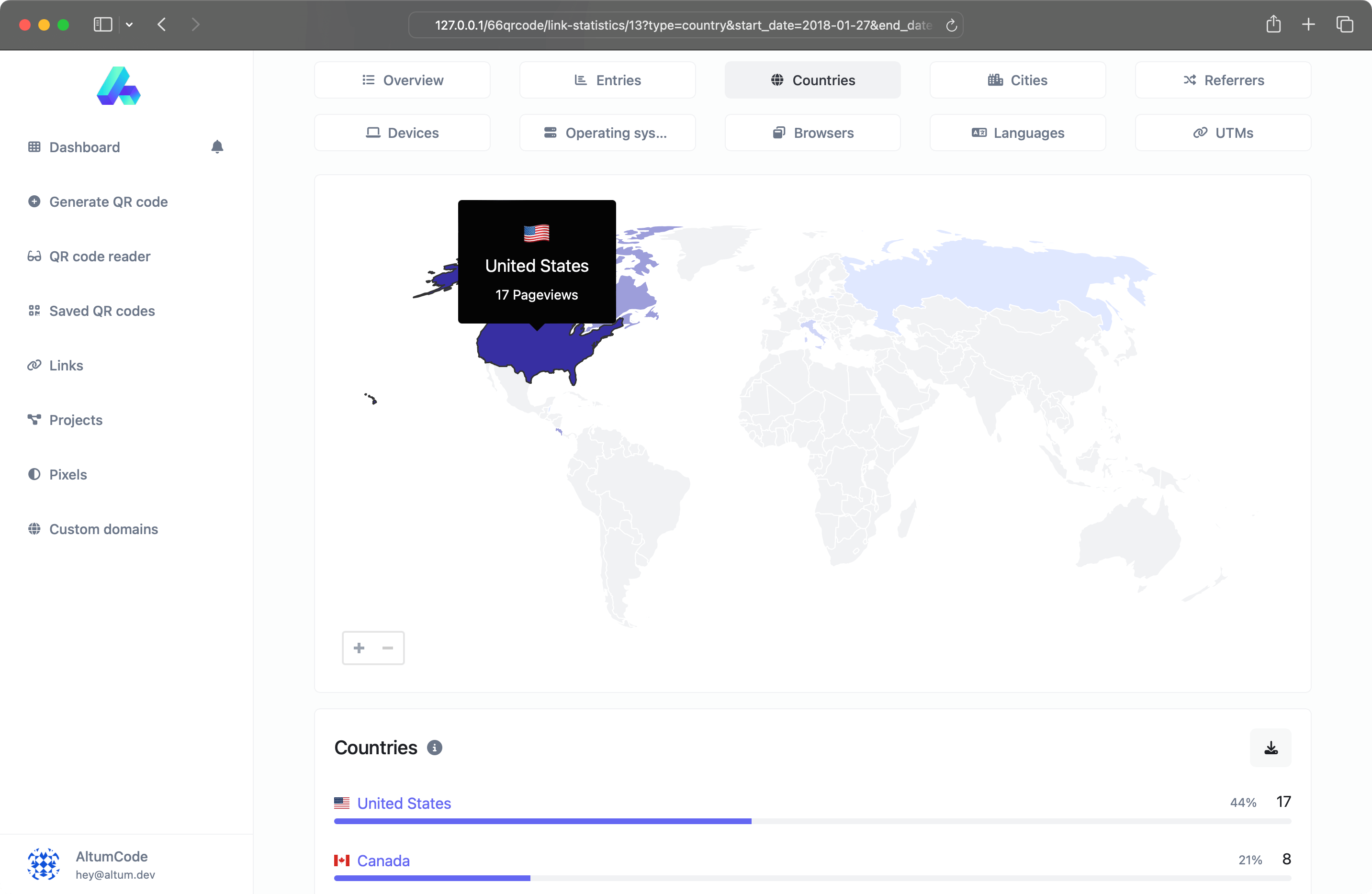 Captura de tela da página de análise do código QR